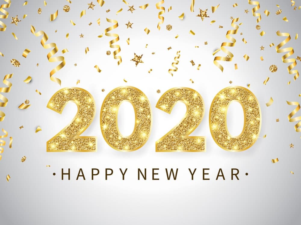 2020 Happy New Year background with bright golden text and numbers. Happy holiday backdrop with gold confetti, glitter, sparkles and stars. Luxury festive design for greeting card. Vector illustration