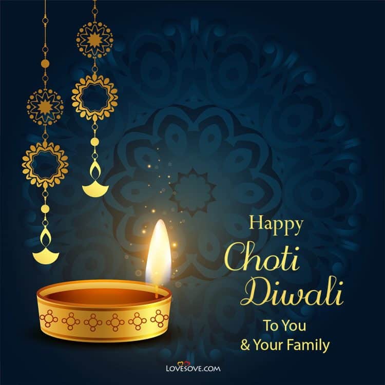 happy diwali poster with decorative lantern and diya on mandala stlye background